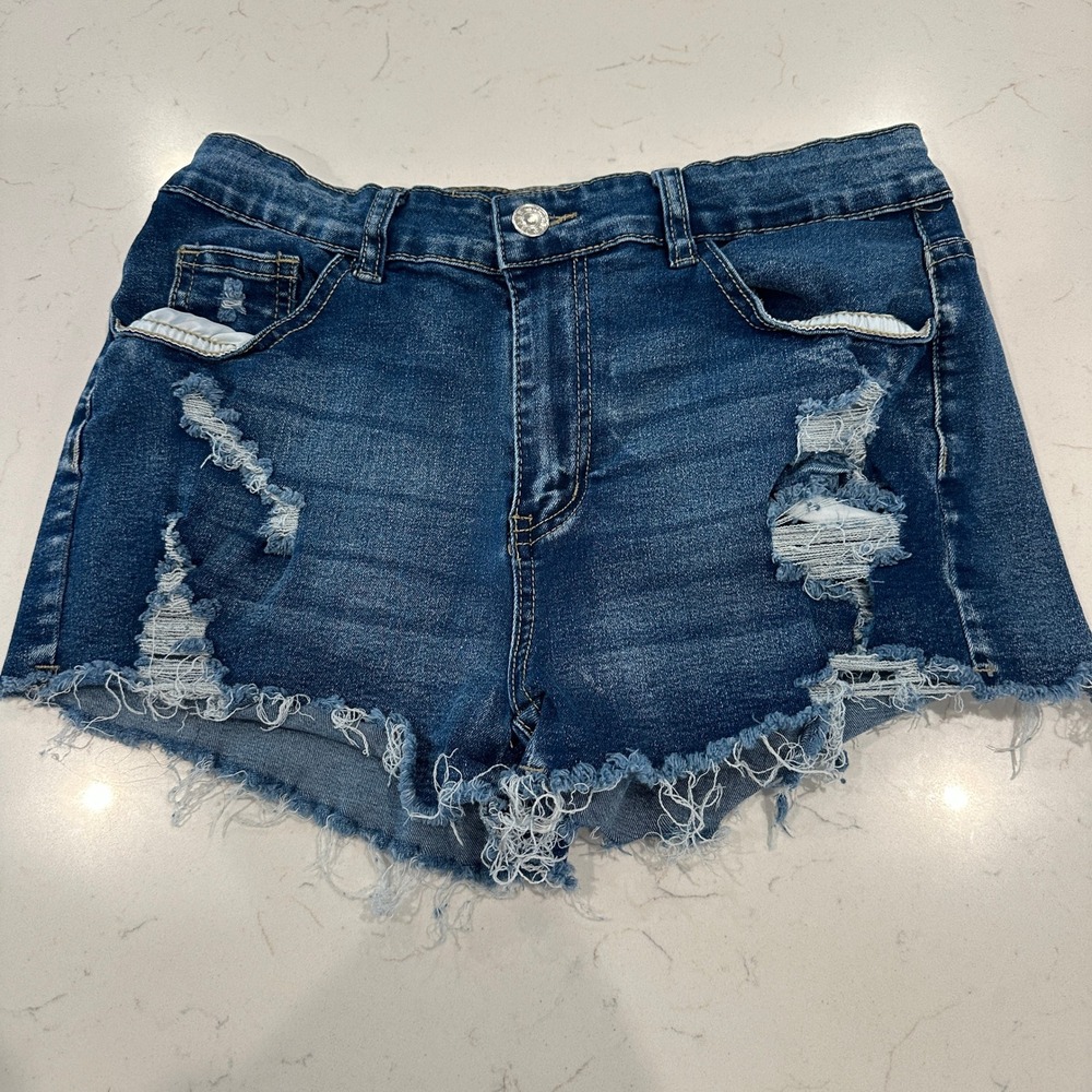 SHEIN Women Distressed Denim Jean Shorts Blue Dark Wash Ripped Frayed Sz L 8/10